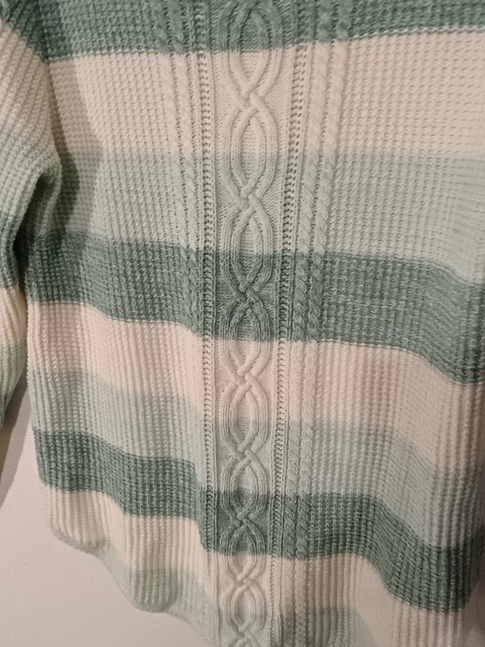 Jeanne Pierre Mint Green White Striped Cable Knit Sweater Women’s 100% Cotton - Picture 4 of 8